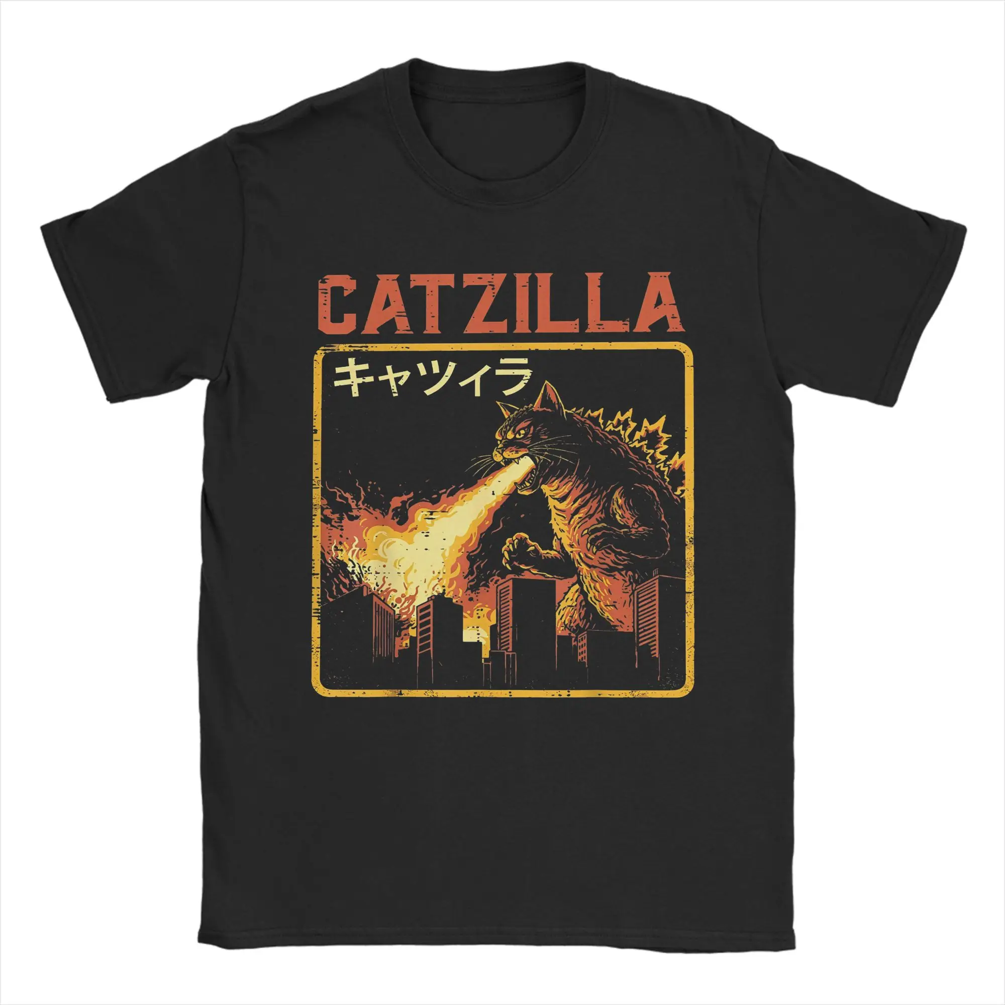 Catzilla Cat Monster Funny Japanese Parody Tshirts Men's Cotton Tops Shirts Priting  Round Neck Short Sleeve