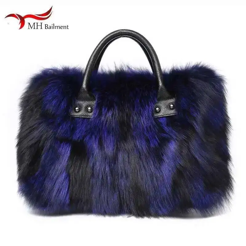 Autumn Winter New 100% Fox Fur Bag Shoulder Diagonal Package Female Fashion Handbag Ladies Luxury Brand Furry Big Fur Bag