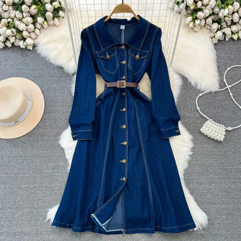 2025 Spring Autumn New Long Denim Dresses Women's Korean Long Sleeve Laps Waist Slimming Single Breasted A Shirt Jeans Dress