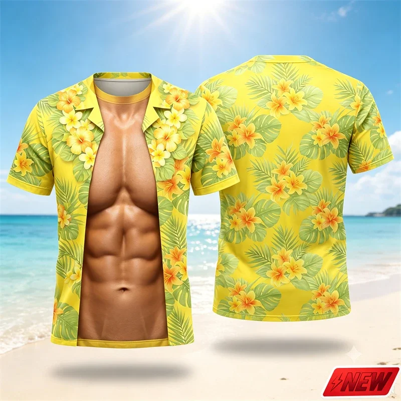 Funny Men 3D Visual Fake Two‑Piece T‑Shirt Tropical Plumeria Floral Print Short Sleeve Summer Beach Hawaiian Casual Tee Tops