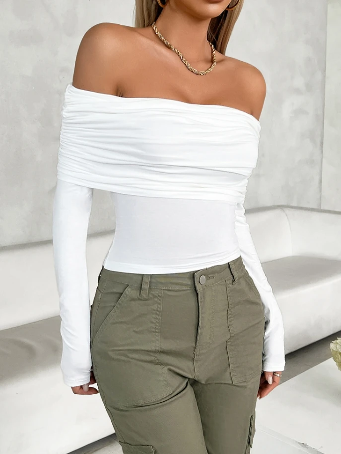 

Leisure Solid Color Pullover, Straight Shoulder, Long Sleeved Pleated Waist, Slim Fit, Fashionable Women's Summer Top