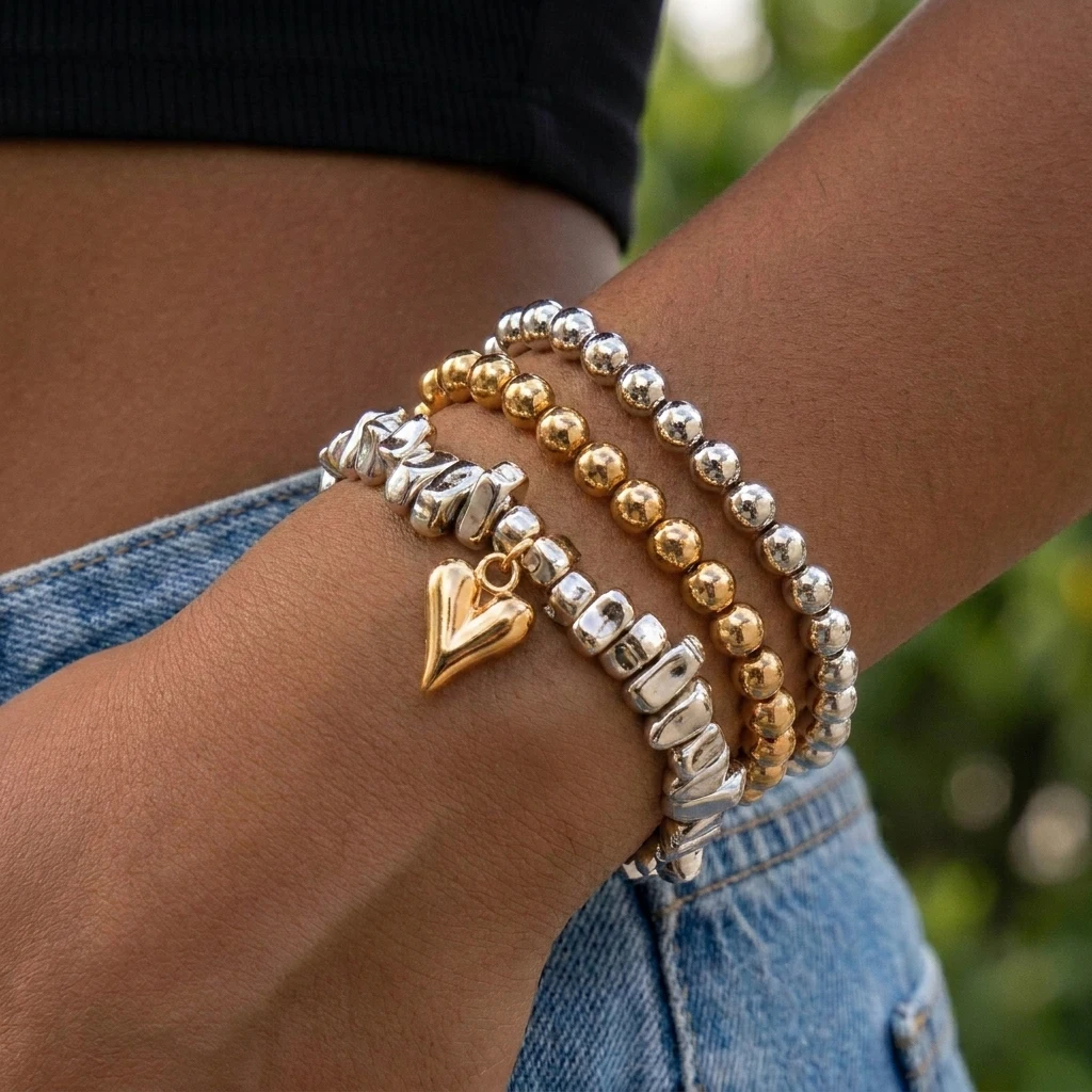Retro Unregelmäßiges CCB-Perlen Elastisches Armband-Set für Frauen Einfaches Herzförmiges Mehrschichtiges Armband Charms Geburtstags-Schmuck – Detail 3
