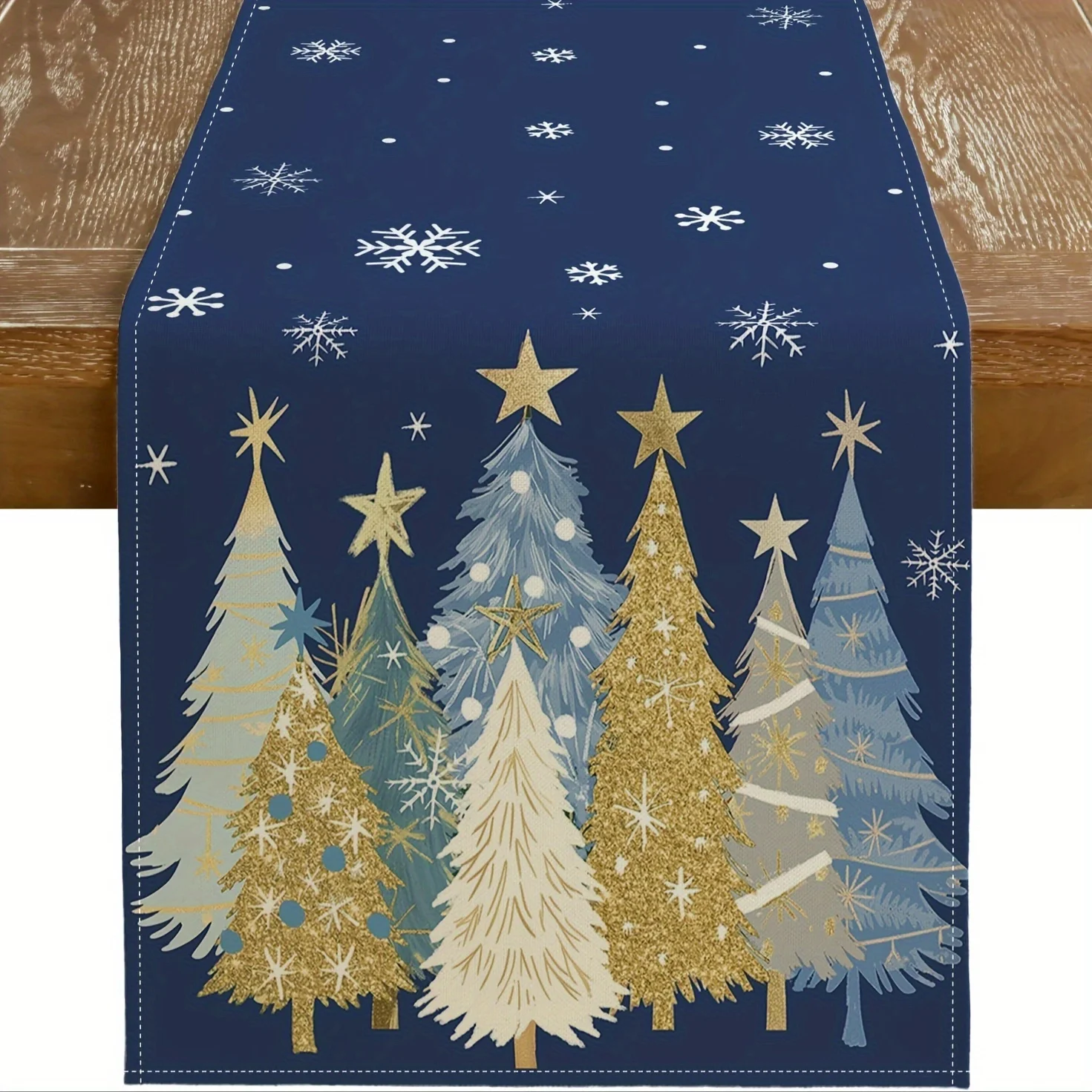 

Bohemian Christmas navy blue with gold Christmas tree snowflakes and stars graphic durable party farmhouse style holiday decorat