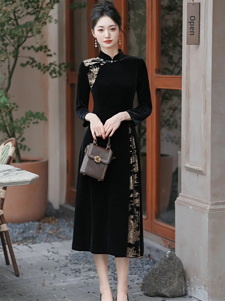 

Элегантное черное бархатное платье с длинными рукавами для женщин, в стиле ретро, китайский национальный костюм с низким разрезом, для повседневной носки, с цветочным узором