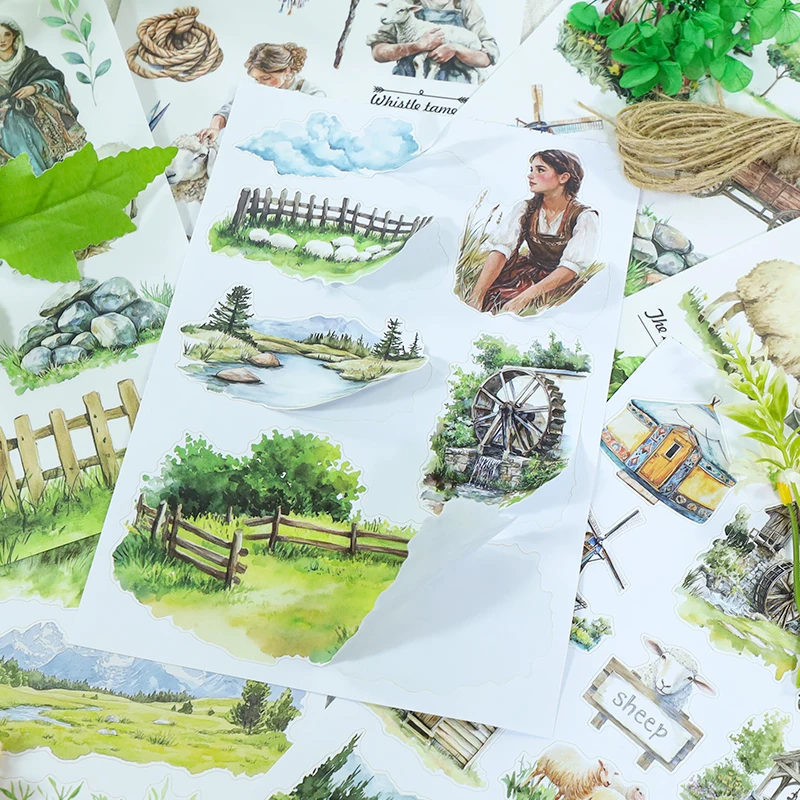 

20 Sheets/book Vintage Shepherd Grassland Landscape Sticker Book Creative DIY Journal Material Collage Stationery