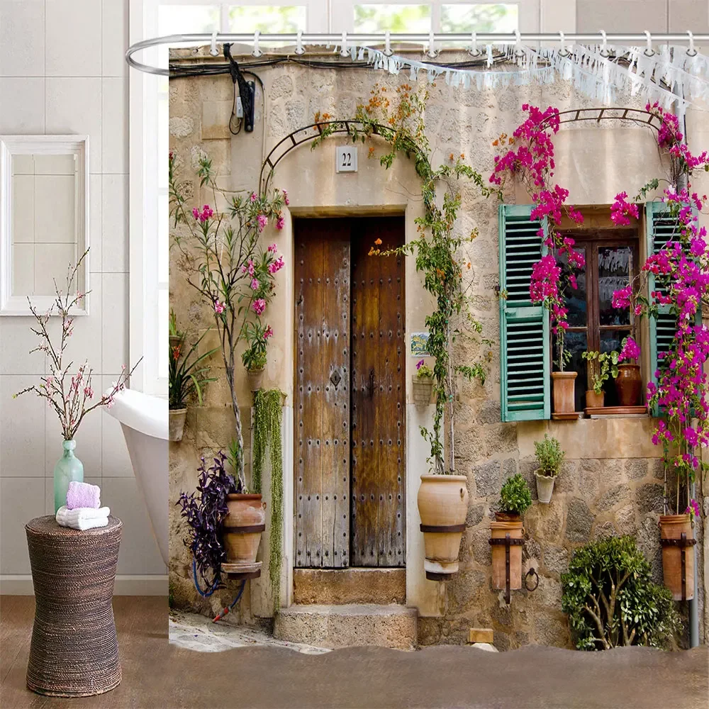 

Farm Style Shower Curtain Garden Potted Italian Green Plants Vintage Windows Mediterranean Greece Scene Curtains Bathroom Decor