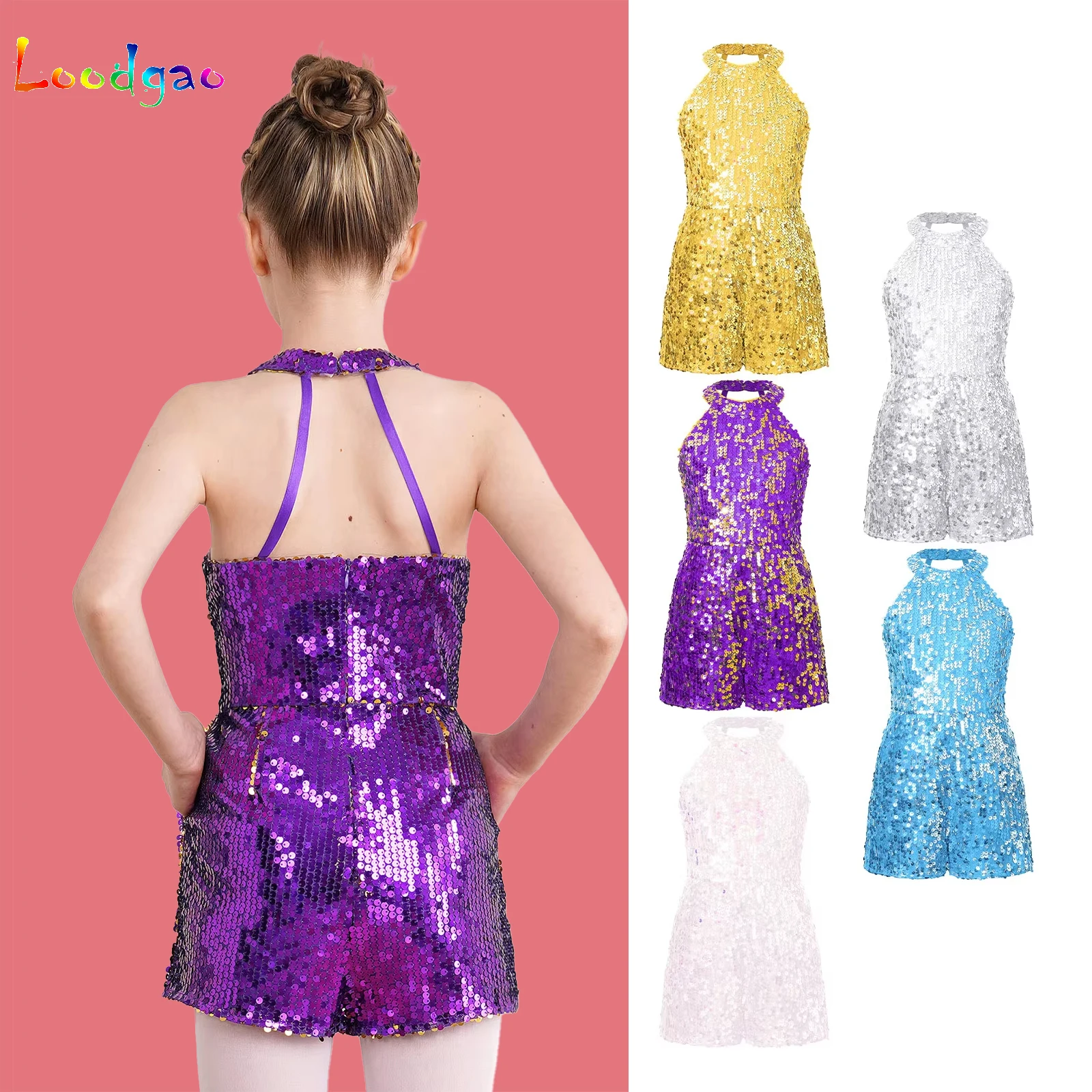

Kids Girls Allover Sequin Romper Halter Strapy Back Sleeveless Short One-Piece Jumpsuit Pageant Birthday Wedding Party Bodysuit