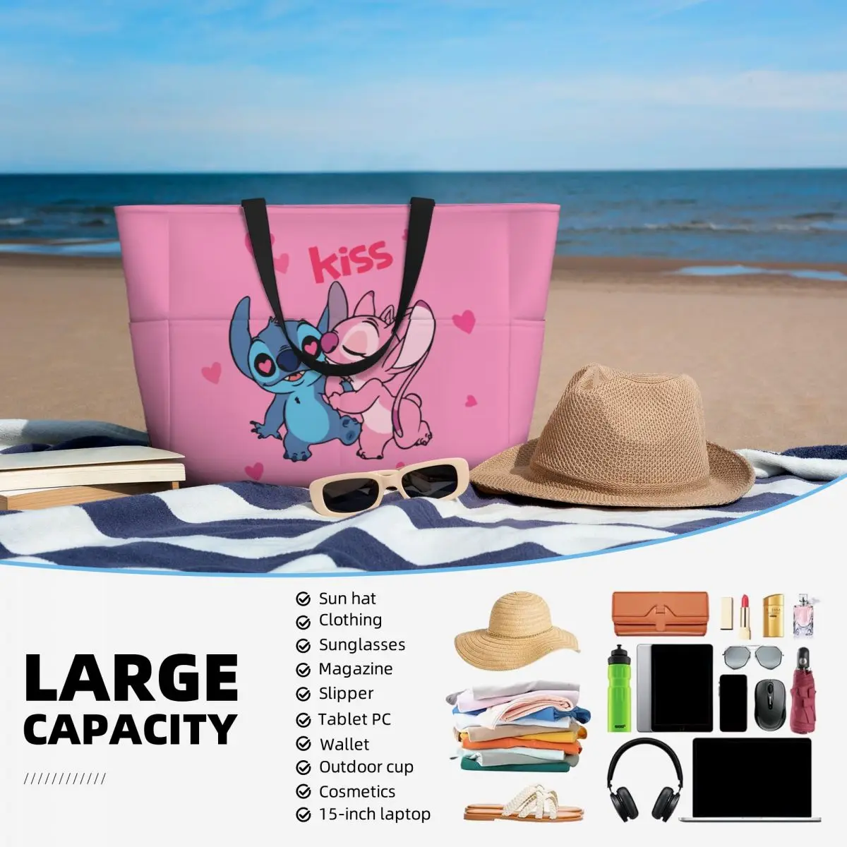 Custom Kiss Stitch Angel Beach Tote Bag Women Cute Big Compartment Gym Beach Travel Bags