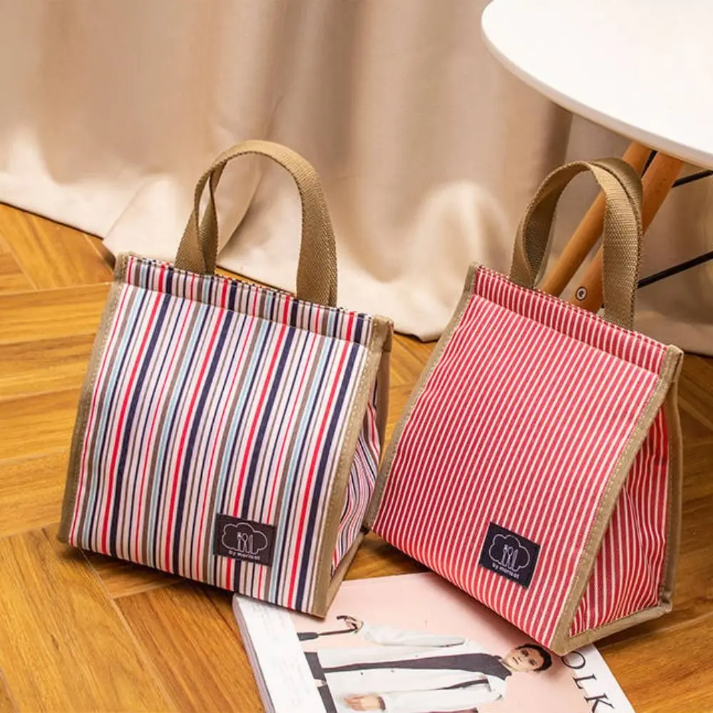 

Waterproof Insulated Thermal Lunch Bag Large Capacity Oxford Cloth Hand-held Picnic Food Pouch Thickened Stripe Storage Handbag