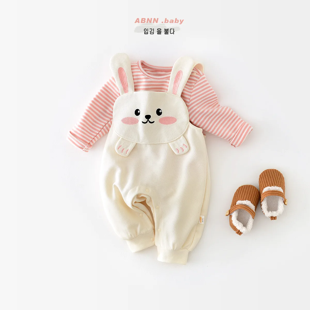 

2023 Spring autumn baby girls 2PCS clothes set cotton long sleeve striped tops rabbit suspender pants suit toddler girls outifts