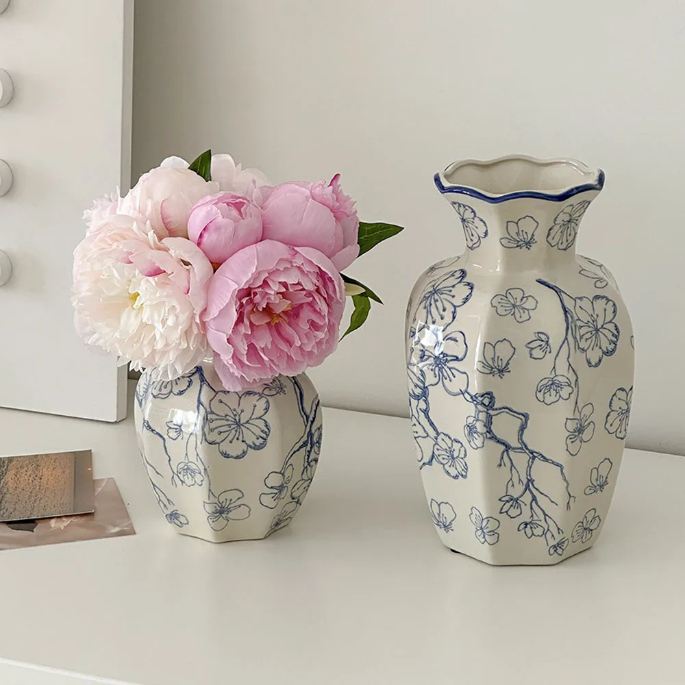 Nordic Blue and White Porcelain Ceramic Vase Ornament Living Room Dining Table Flower Arrangement Flower Vase Wedding Decoration