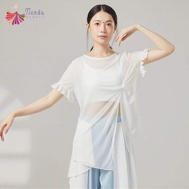 Classical Dance Gauze Tops Women Short Sleeve Sheer Shirts See Through Irregular Blouse Twist Knot Waist Yoga Training Clothes