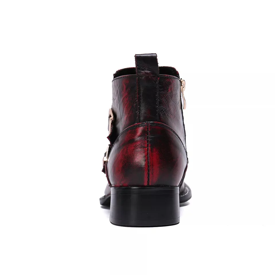 Botines Chelsea con correa de hebilla roja para hombre, zapatos de trabajo con punta de acero dorada, zapatos de cuero para vestir, botas con cremallera lateral y tacón medio