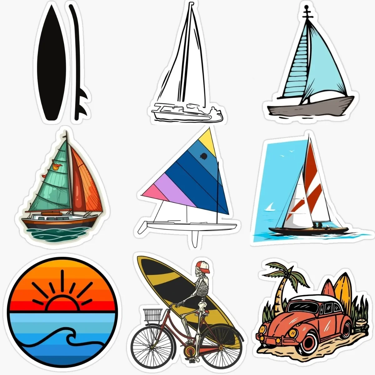 

Sailboats Surfboard Travel Vacation Creative PVC Waterproof Stickers Accessories for Decorate Car Van Wall Motorcycle Suv Table