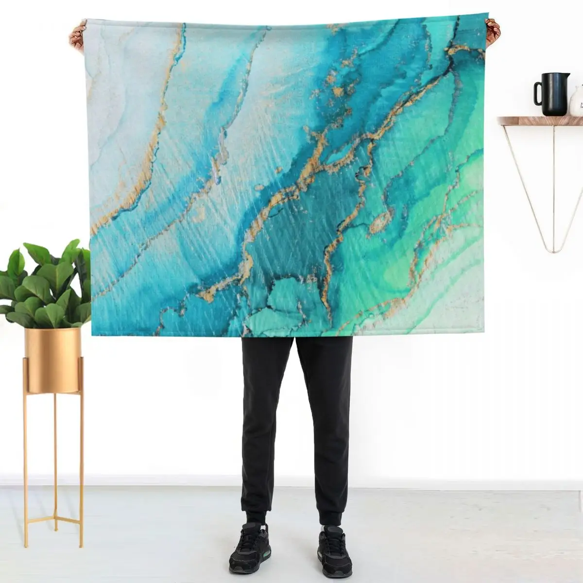 

Turquoise Aqua Gold Ocean Throw Blanket Multi Purpose Soft Warm Blanket for Home Travel