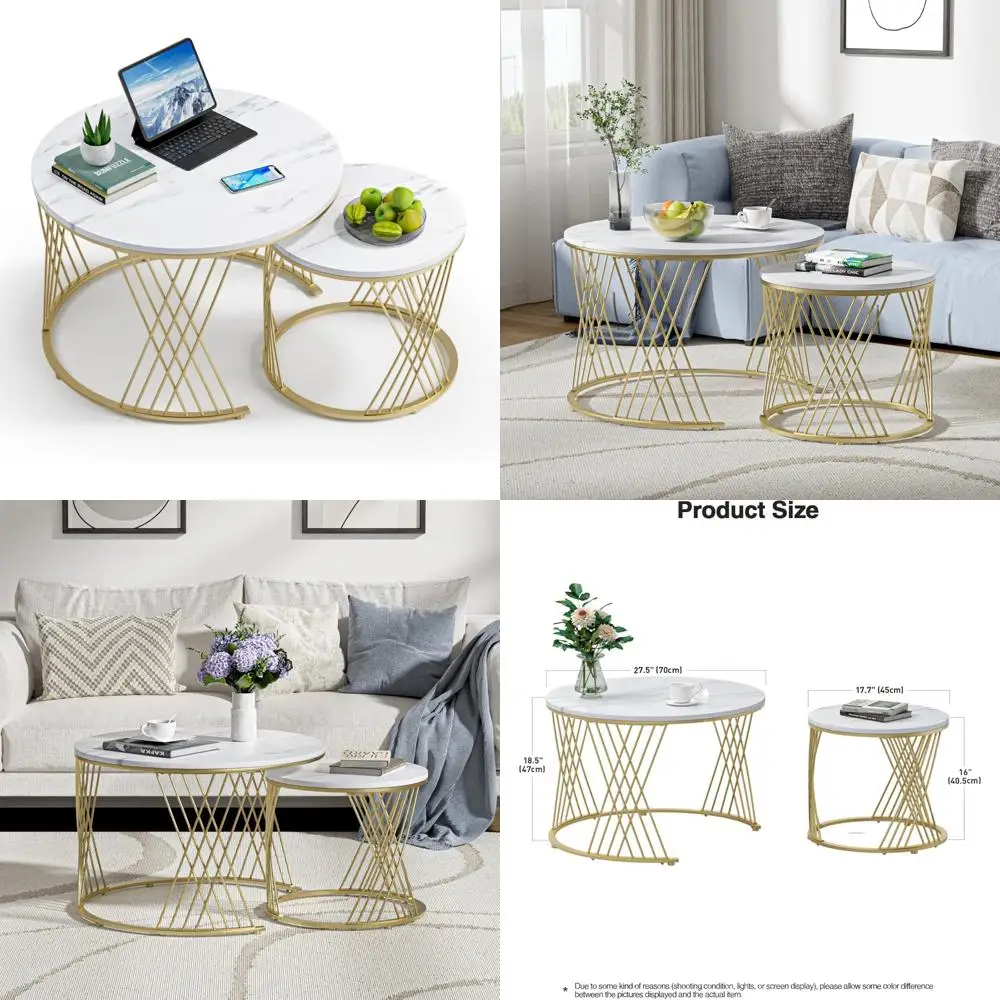 مجموعة طاولة القهوة الحديثة المتداخلة لغرفة المعيشة، سطح من الرخام الصناعي، زوج من الطاولات المستديرة البسيطة #1