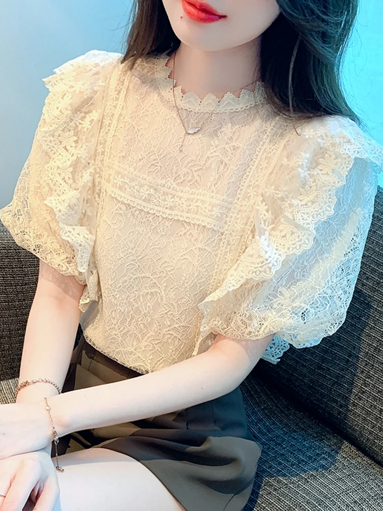 Summer Women Tops Short Sleeve Blouse Women Blusas Mujer De Moda 2024 Verano O-Neck Ruffles Lace Blouse Shirt Women Blouses G488