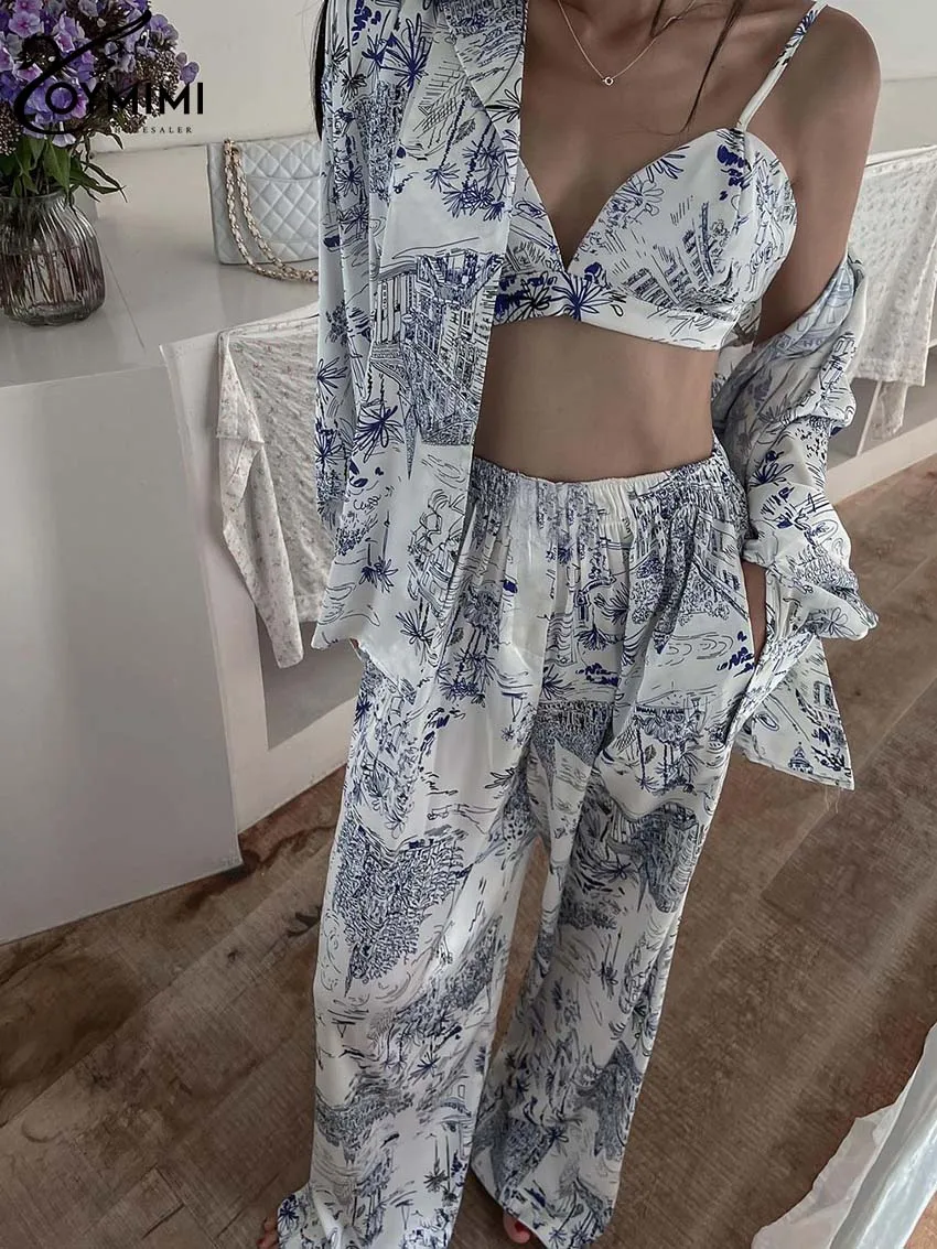 Oymimi Fashion Blue Print Two Piece Set For Women Elegant Long Sleeve Button Shirts And Spaghetti Strap Bra + Straight Pants Set