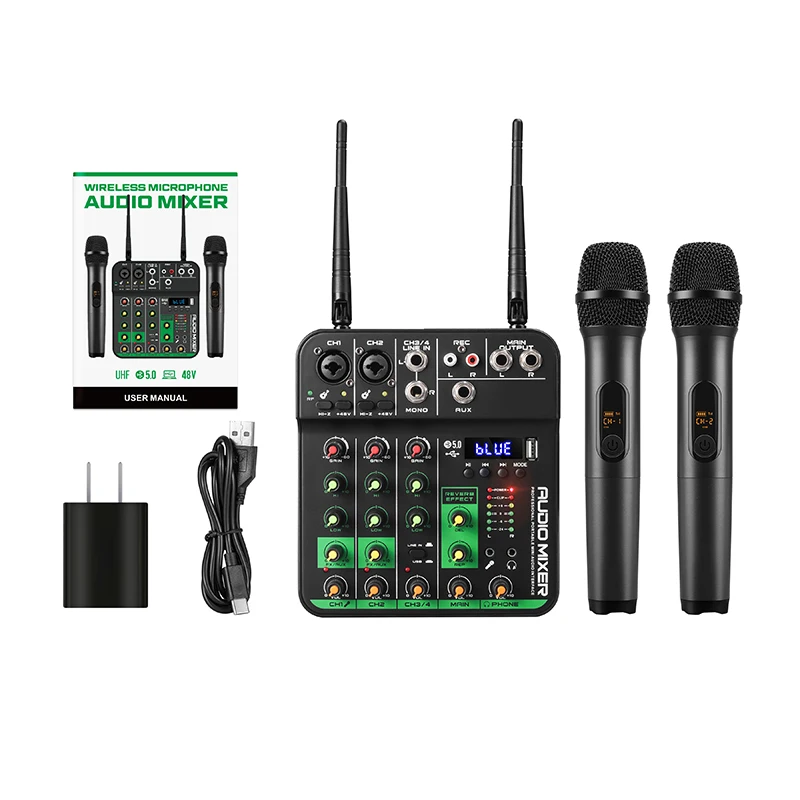 2025 hot koop Nieuw Ontwerp Audio Mengen met UHF Draadloze Microfoon 4 Kanaals Stereo Mixer Console BT USB voor DJ Studio Karaoke