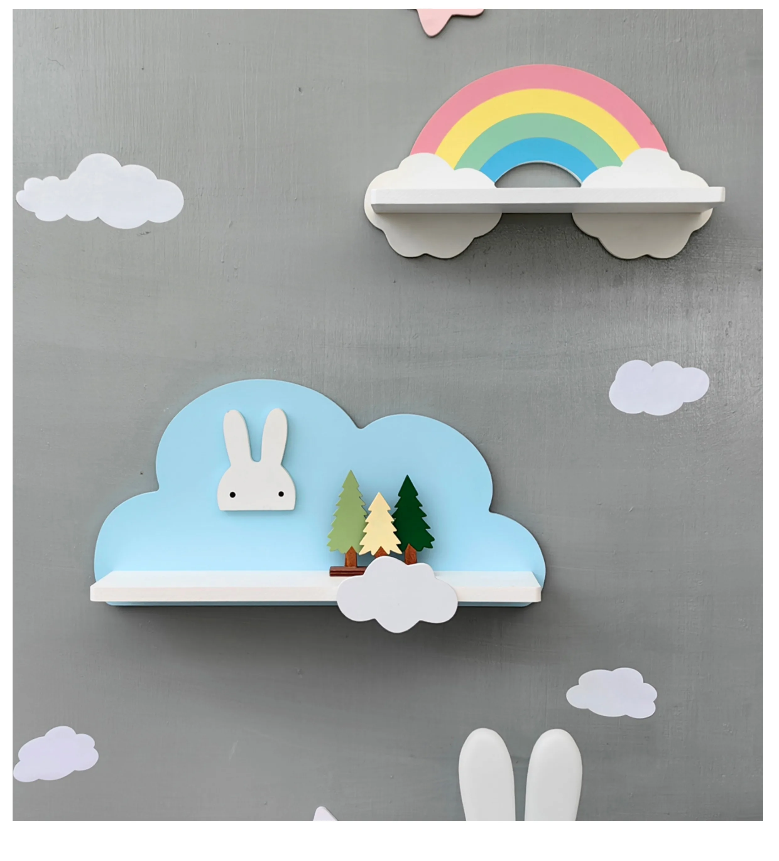 Cloud Wall Hanging Kids Bookshelf Child Room Toy Storage Display Stand Hanging Rack Wood Shelf Study Living Room Wall Decoration