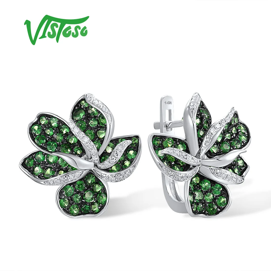 

VISTOSO Genuine 14K 585 White Gold Earrings For Women Sparkling Green Garnet Diamond Lily Flower Earrings Elegant Fine Jewelry