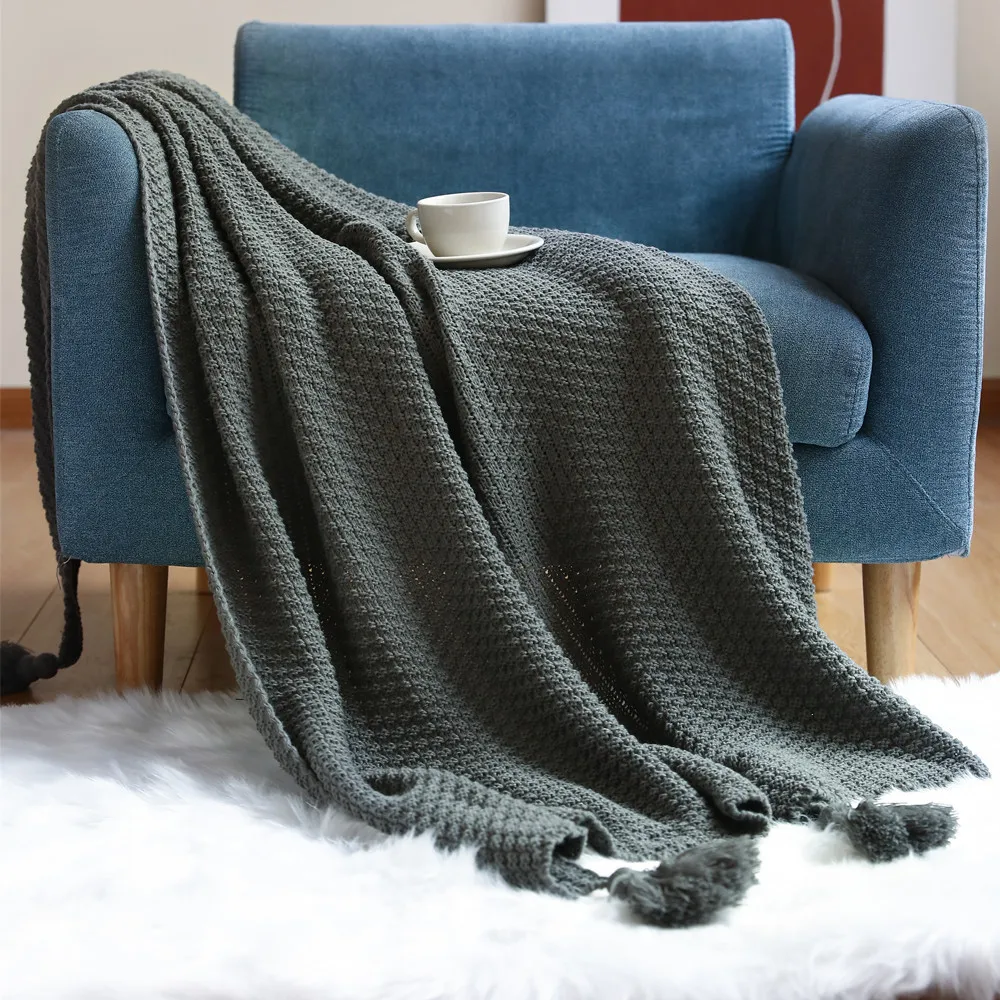 

Blankets Office Lunch Break Sofa Decoration Nordic Style Tassel Knitted Ball Wool Cover Blanket Acrylic Fabric 3 Colors Optional