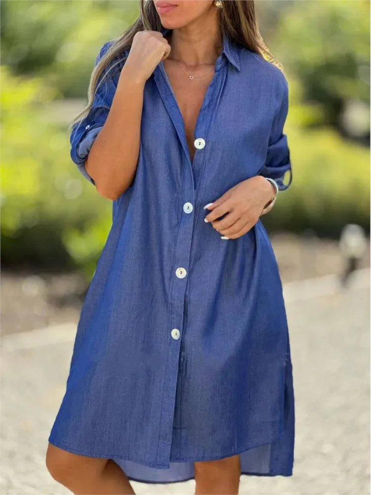 

Spring Summer Solid Denim Shirts Dress Women Lapel Long Sleeve Robe Casual Button Midi Dresses Fashion Loose Ladies Clothing
