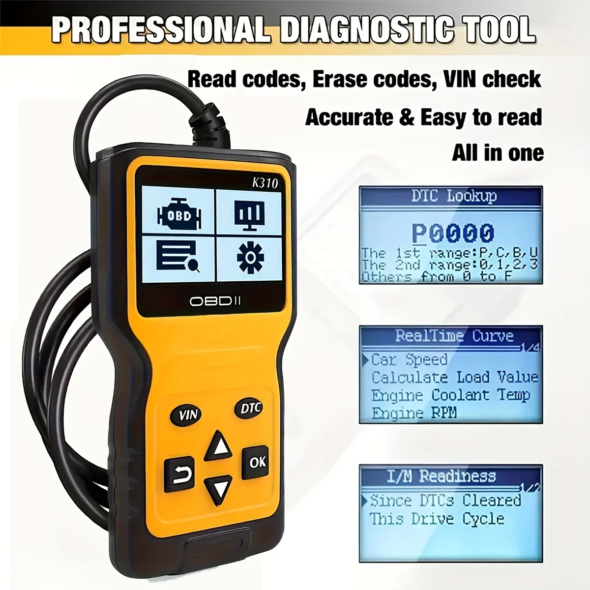 Car OBD2 Scanner Diagnostic Tool Code Reader, Car Voltage Tester Engine Fault Code Scanner, Charging Tester Diagnostic ToolK310