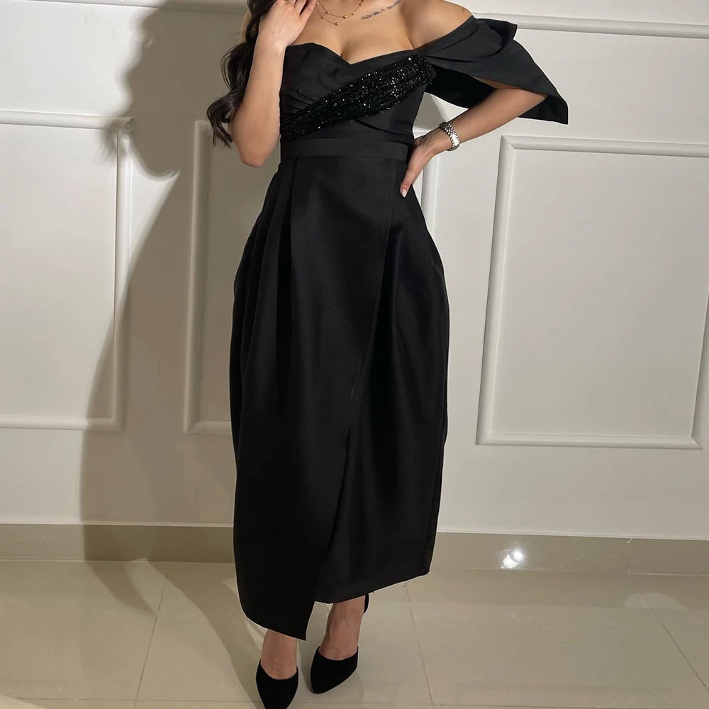 

Customized Exquisite Ankle-Length Pleats Crystal Off The Shoulder Sweetheart Evening Dress Graceful A-Line Jersey Party Dress