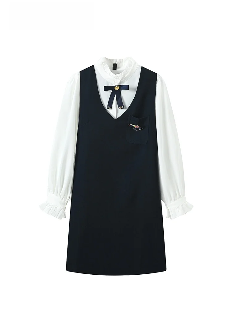 

plus Size Doll Collar Long Sve Dr Women's Early Autumn New Sle Plump Sister College Sle Fake Two-Piece Skirts