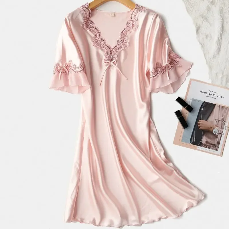 

Ice Silk Pajamas Women Lace Nightgown Sexy Night Wears for Ladies Sleepwear Summer Homewear Luxury Clothing Night Gown New