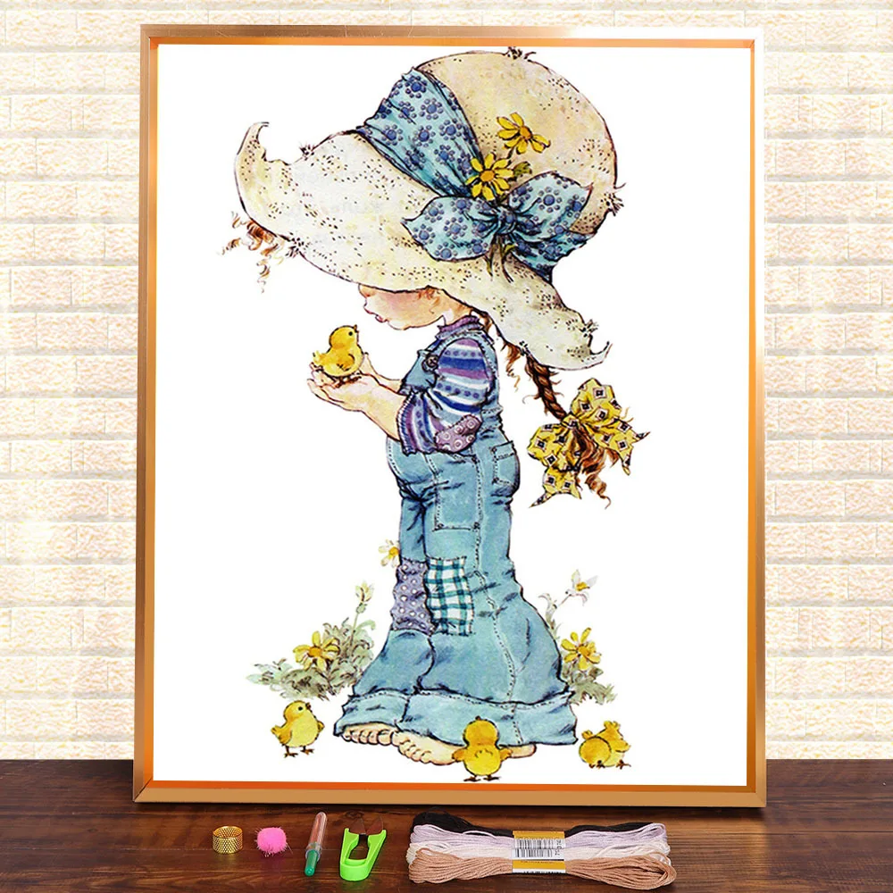 Spring Outing Little Girl Printed Fabric 11CT Cross-Stitch Set Embroidery DMC Threads Handmade work Sewing Craft   Design