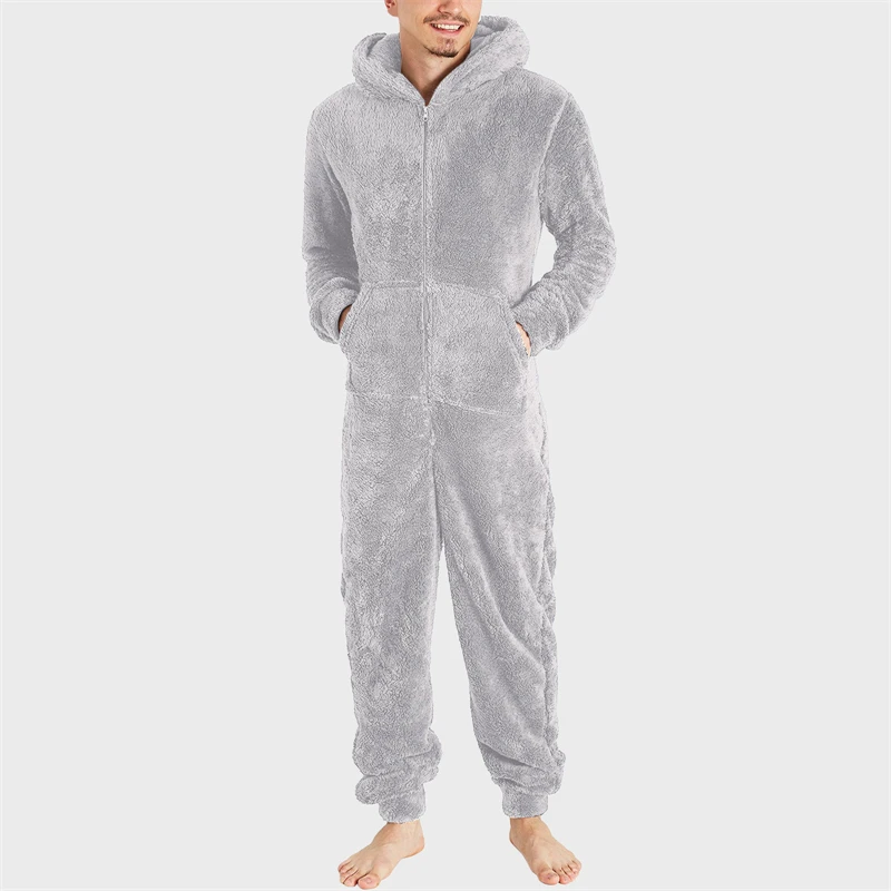 Men Sleepwear Artificial Wool Long Sleeve Pajamas Casual Solid Zipper Loose Hooded Jumpsuit Pajamas Casual Winter Warm Homewear