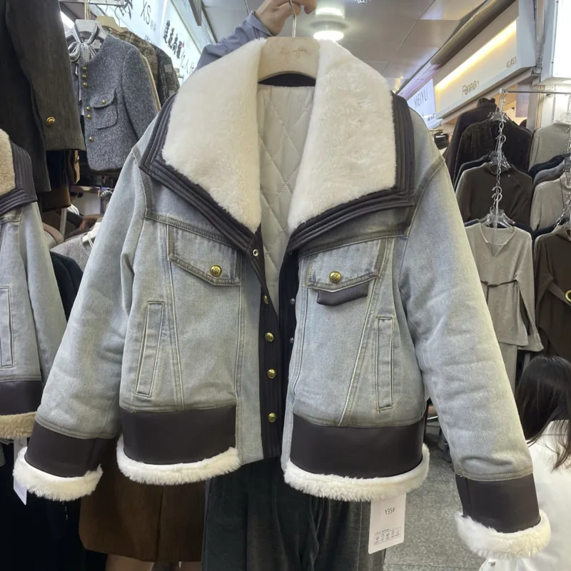 DEAT-abrigo vaquero para mujer, chaquetas gruesas con cuello vuelto y relleno de algodón con borde de cuero Pu de retales, nueva moda de invierno 2024 29L9066