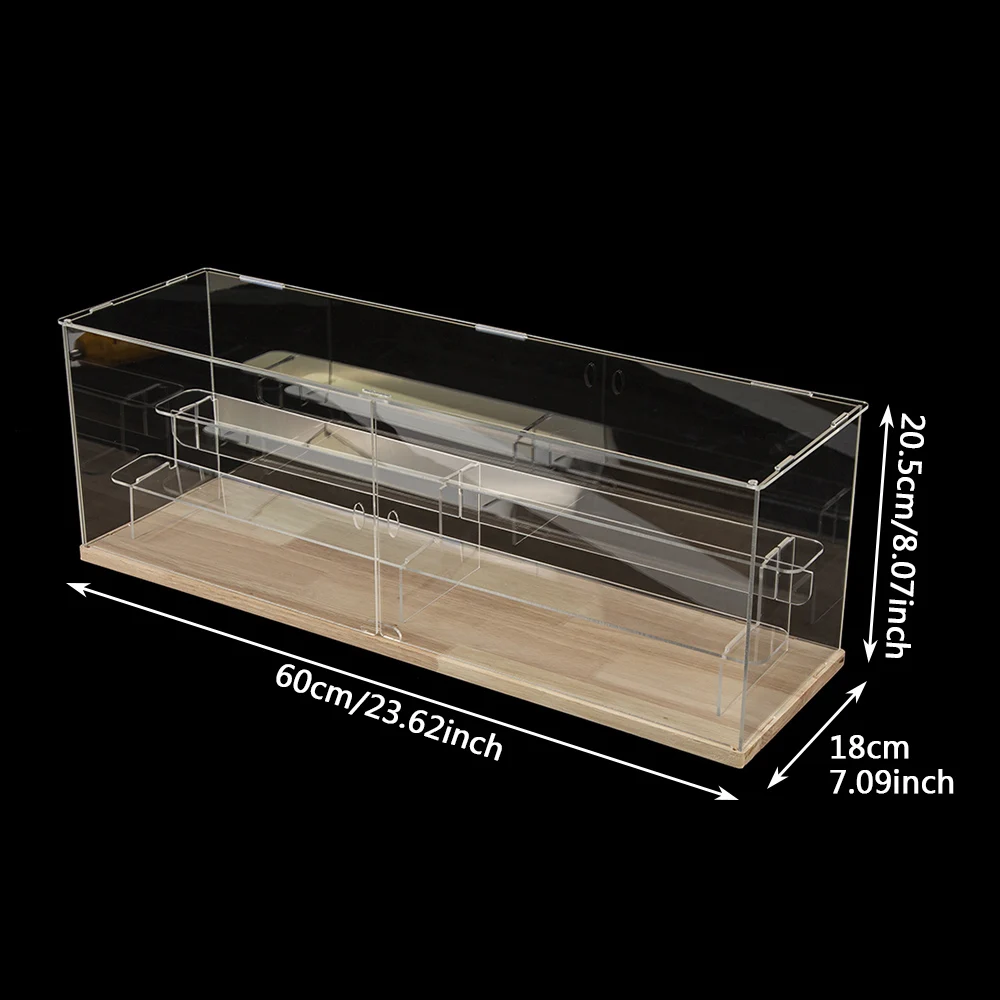 60cm Long Clear Acrylic Blind Box Display Case Solid Wood Base 2 & 3 Adjustable Tiers Dustproof Figurine Action Figure Organizer Showcase Cabinet Magnetic Front Door for Pop Mart Collectibles Desktop image 3