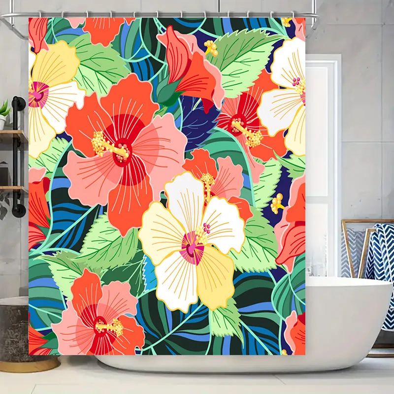 

Colorful Floral Shower Curtain: Unique Bathroom Decor with Hibiscus Pattern 180x240cm Size Customizable for Home Decor Gifts fro