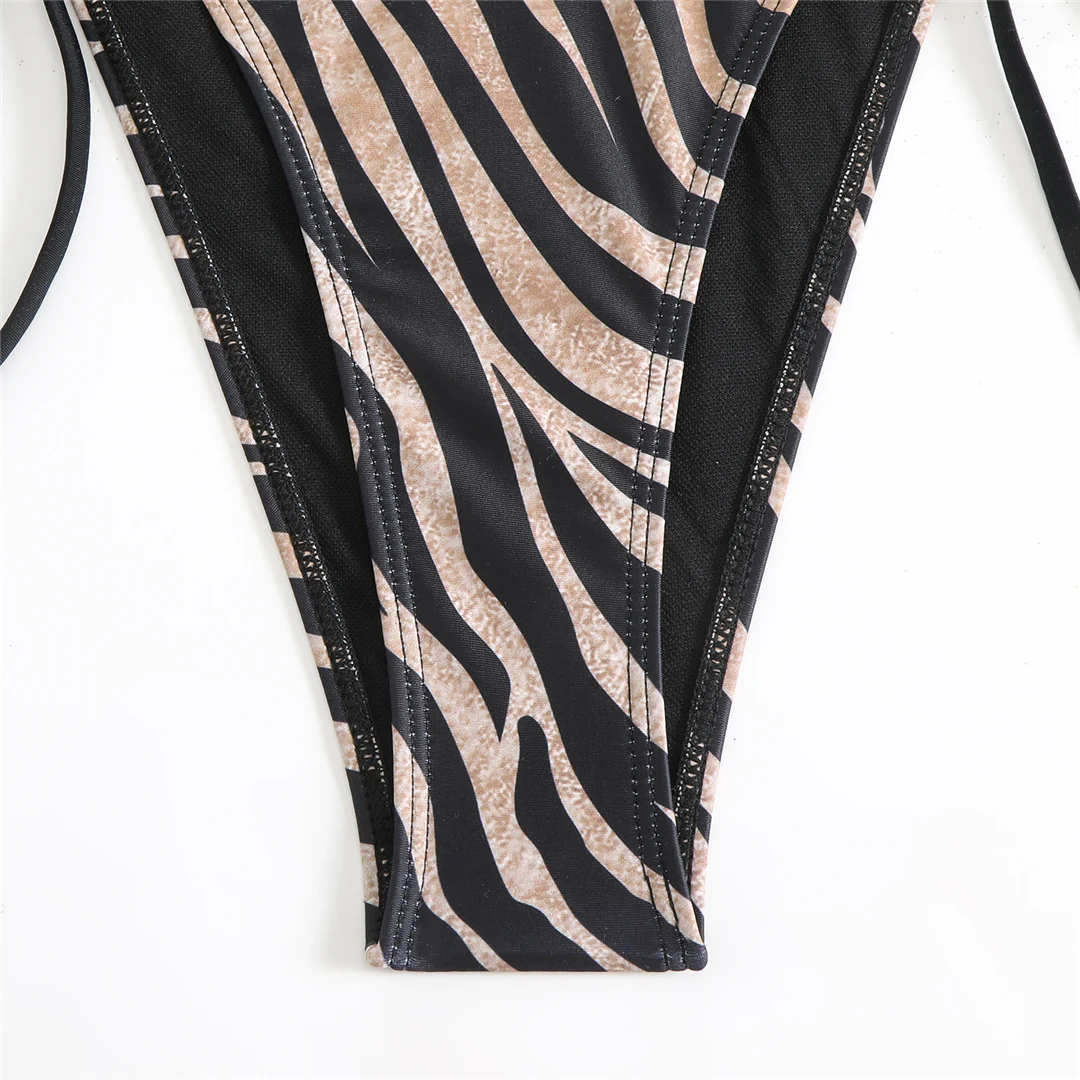 Halterneck-Bikini mit Streifenmuster und Leopardenprint, zweiteiliger Badeanzug für Damen, Badebekleidung, Badeanzug, Badeoutfit, Modell V6840L. – Detail 21