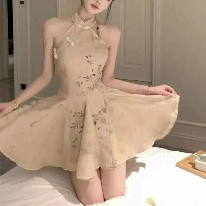 Femmes Style chinois Vintage Sexy licou sans manches Mini robe été col montant taille haute mince élégant robes de soirée robes