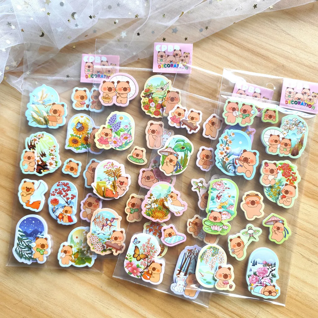 4ピースのかわいい漫画風カピバラフォーム多層3Dステッカー - 子供、ノート、ペンケース用のかわいい手作りデコレーションステッカー
