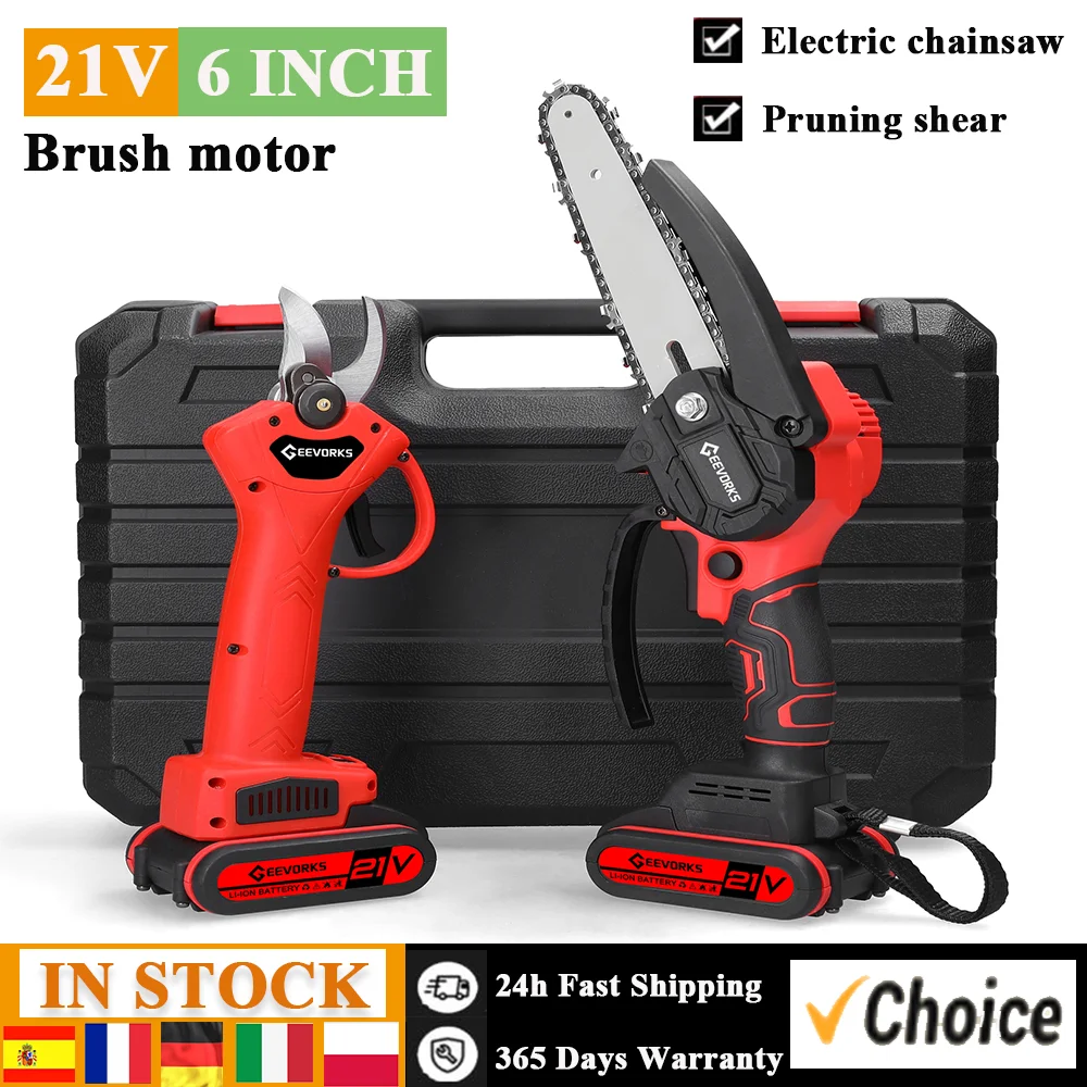 21V 6inch Electric Chainsaw and 25mm Cordless Pruning Shear Set Wood Splitting Cutting Machine Kit Handheld Woodworking Tool