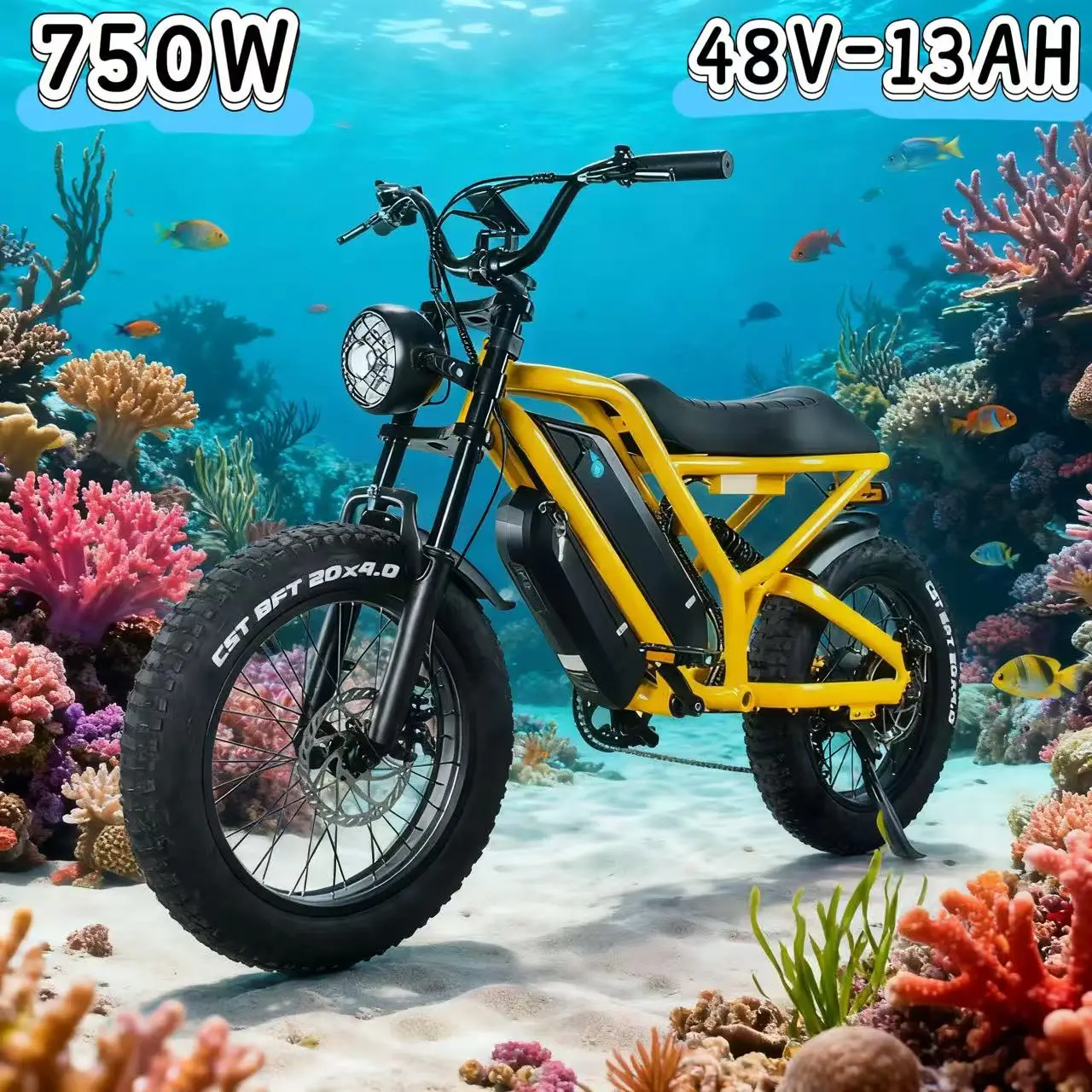 

750W electric bicycle 20-inch 48V 13AH battery yellow high-performance electric bike with stable and durable braking system