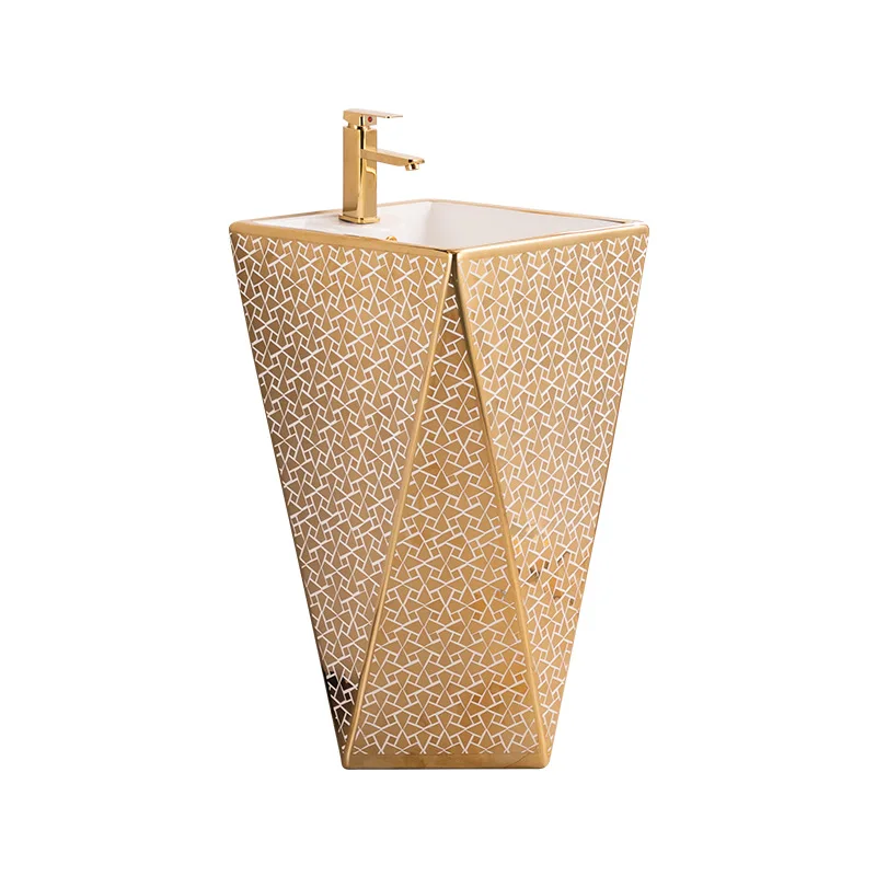 

Square diamond gold integrated floor-standing column basin ceramic one-piece sink electroplated gold sink bathroom