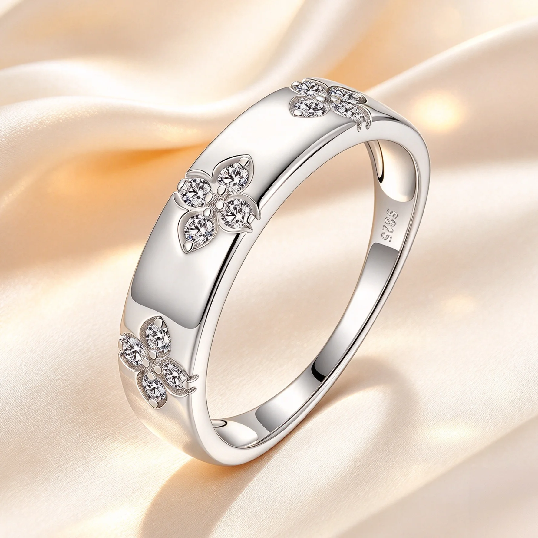 18K Gold Plated 925 Sterling Silver Four Leaf Clover Moissanite Ring with GRA Certification Flower Design Jewelry
