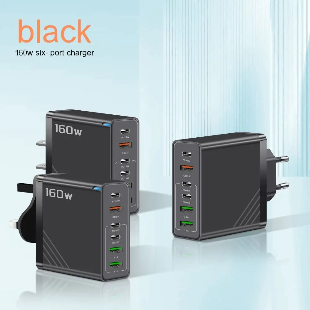 Cargador de 6 puertos de 160W, enchufe USB A + C con adaptador de cargador de teléfono LED, carga rápida PD QC3.0, cargador multipuerto para iPhone/Samsung