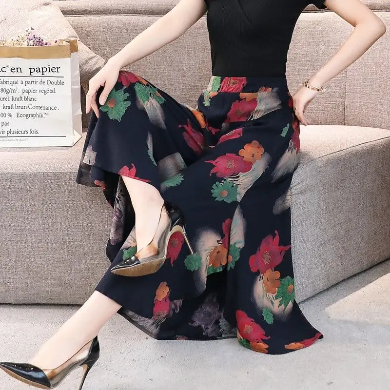 Women Slimming Cropped Pants Loose Casual Oversized Skirt Pants Chiffon High Waist Elegant Trousers Floral Printed Fashion Z430