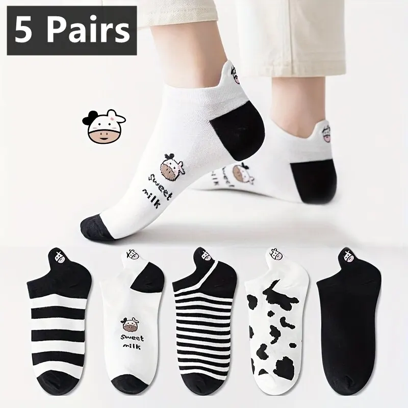

5 Pairs Womens Socks Lovely Cow Pattern Short Socks Creative Printing Socks Ankle Sock