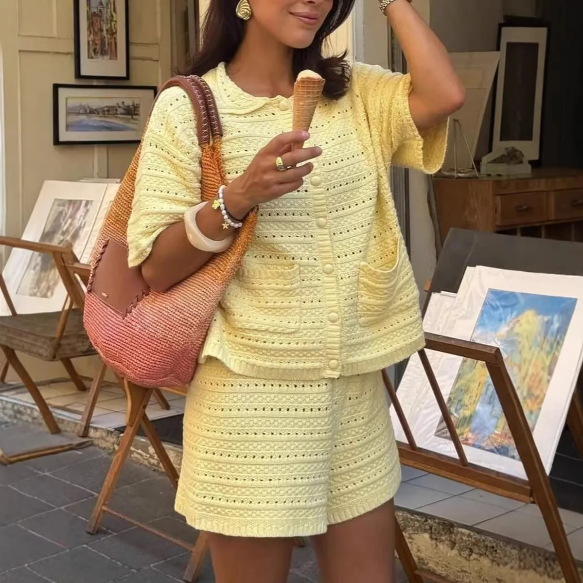 

2026 Spring Summer Solid Color Short Sleeve Knit Cardigan & Shorts 2 Piece Set