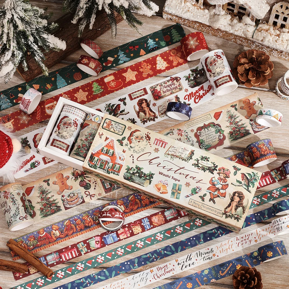 Juego de cintas Washi navideñas Vintage, 20 rollos, 2M de largo, copo de nieve, árbol, ciervo, Papá Noel, diseño para tarjetas, planificador de regalo, suministros para diario