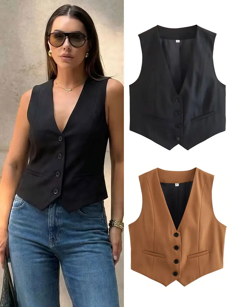 Chaleco Elegante Minimalista de Color Sólido para Mujer, Corte Entallado, Cuello en V, Ropa de Trabajo de Oficina, Chaleco Informal para la Calle