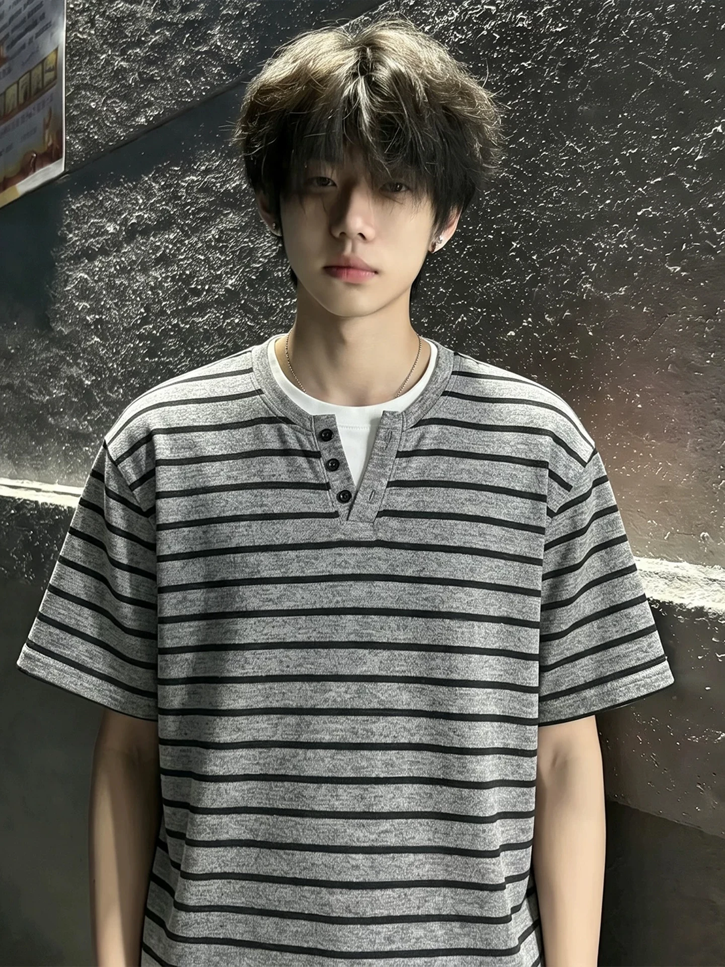 American Stripe Color Block V-neck Short Sleeve Men's T-shirt Summer High End Henry Collar Heavyweight Half Shoulder Fit